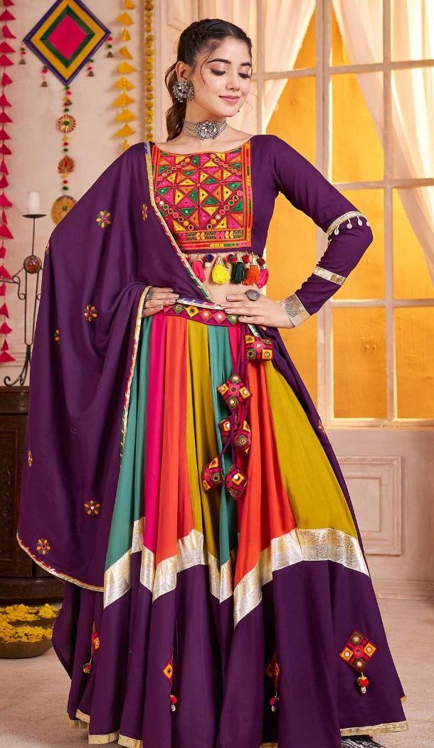 Women Navratri Chaniya Choli Designer Embroidery Work Purple Viscose Cotton - 160811247