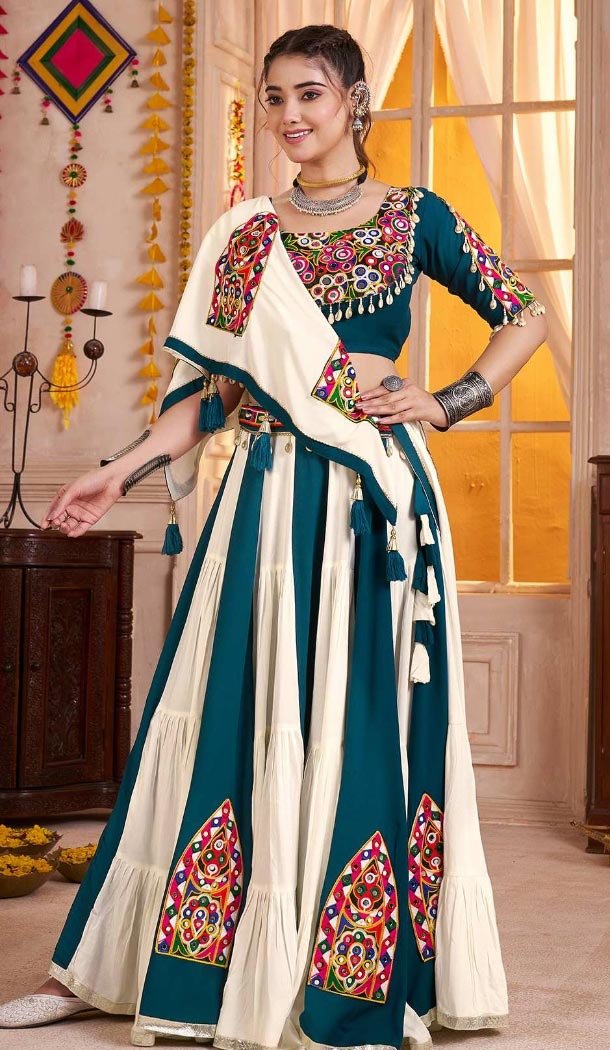 Women Viscose Cotton Teal Blue Designer Embroidery Work Navratri Chaniya Choli - 160811248