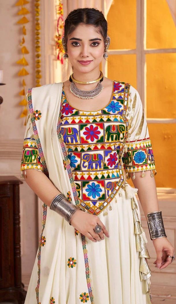 Women Navratri Chaniya Choli Designer Embroidery Work Off White Viscose Cotton - 160811250