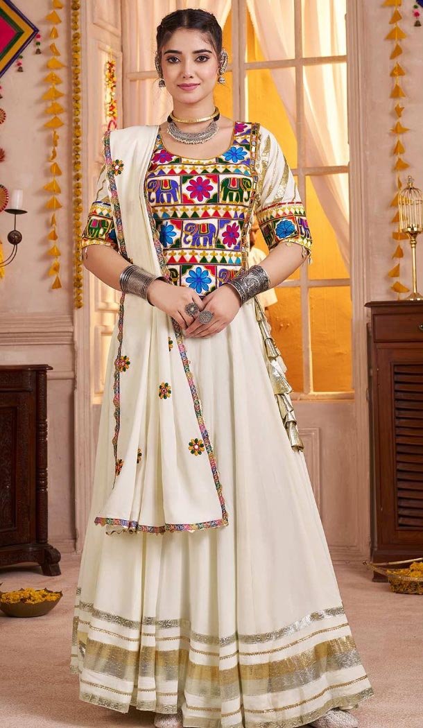 Women Navratri Chaniya Choli Designer Embroidery Work Off White Viscose Cotton - 160811250