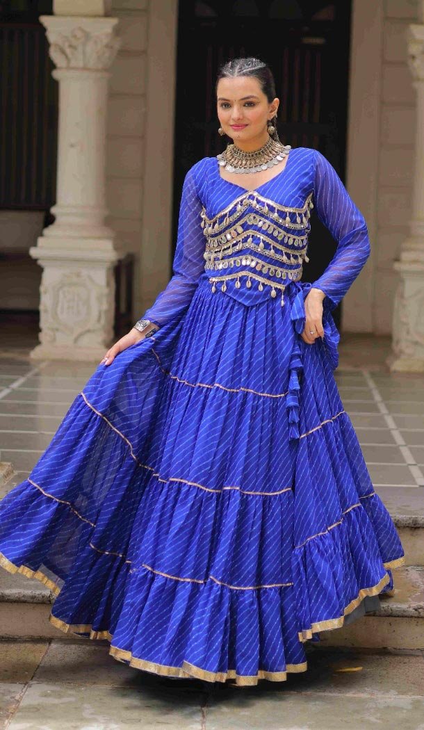 Women Blue Gota Patti Lace Work Lahariya Printed Navratri Chaniya Choli - 160841260