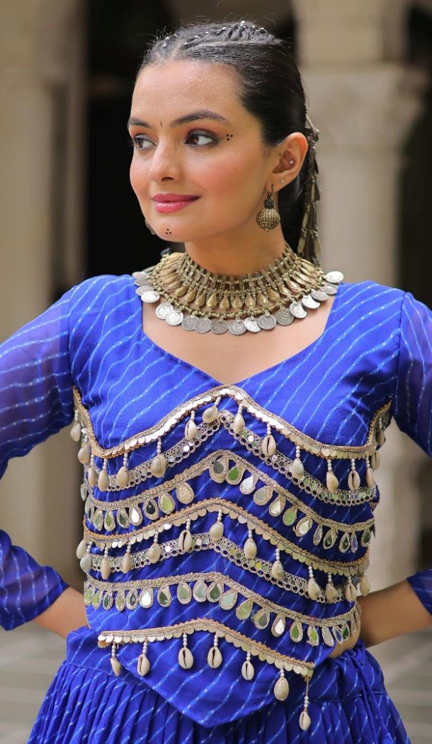 Women Blue Gota Patti Lace Work Lahariya Printed Navratri Chaniya Choli - 160841260