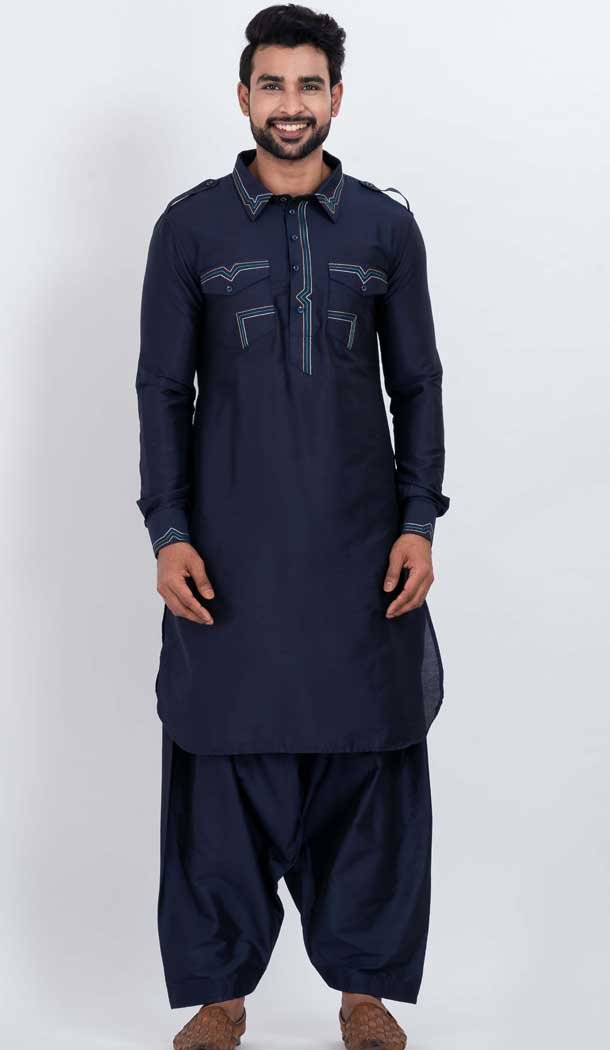 Viscose Plain Mens Pathani Kurta With Pajama In Black - 12124205519
