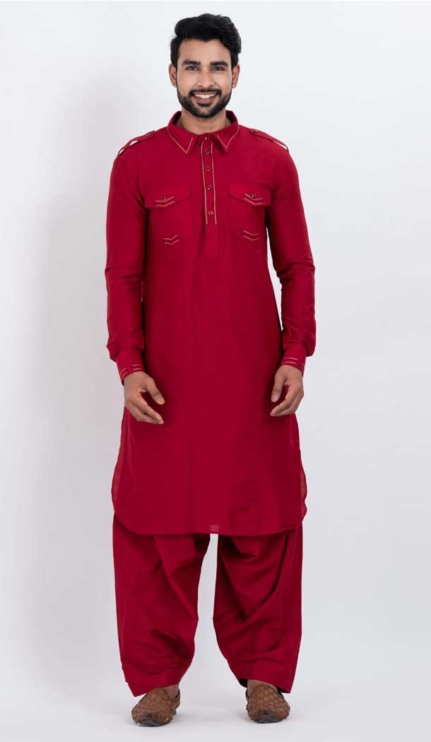 Viscose Plain Mens Pathani Kurta With Pajama In Red - 12124205520