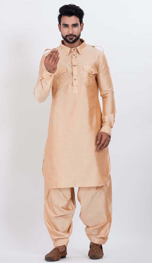 Viscose Plain Mens Pathani Kurta With Pajama In Chiku - 12124205521