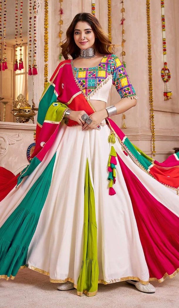 Women White Designer Embroidery Work Navratri Chaniya Choli Viscose Cotton - 160971353