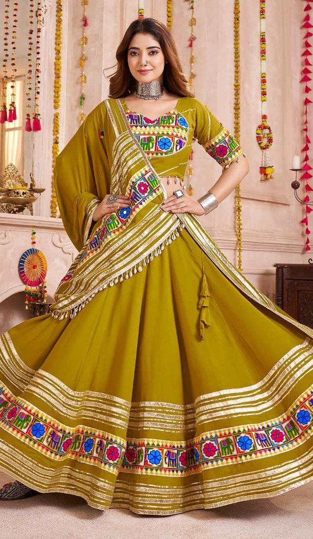 Women Designer Embroidery Work Viscose Cotton Green Navratri Chaniya Choli - 160971356