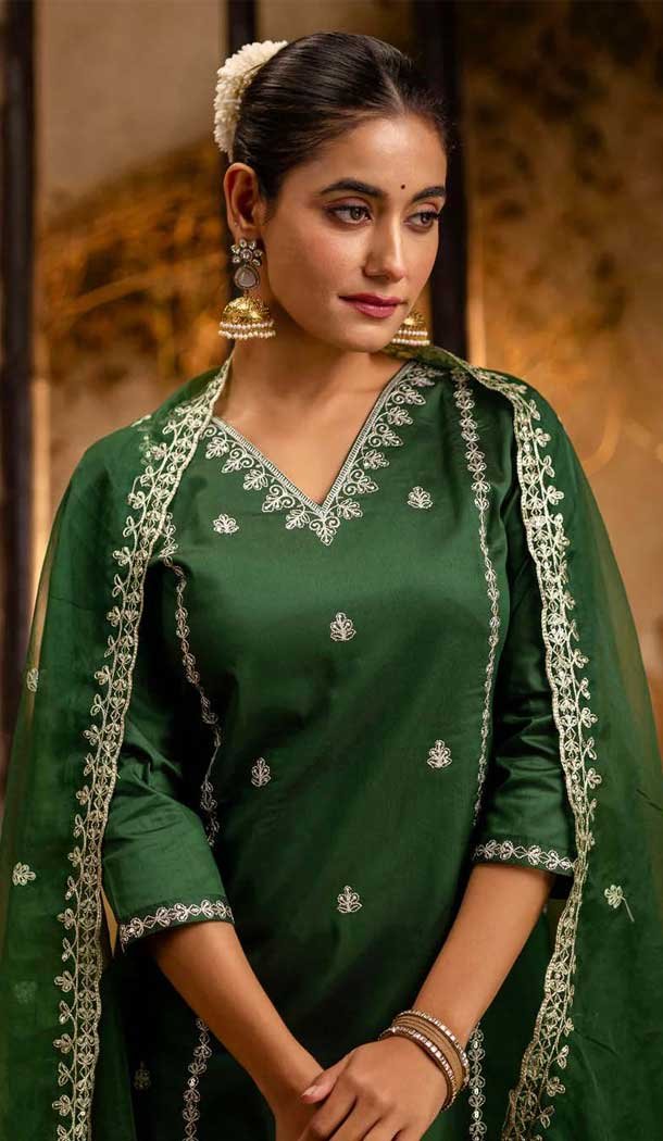 Green Silk Blend Resham Work Festival Wear Readymade Salwar Kameez - 12135205734
