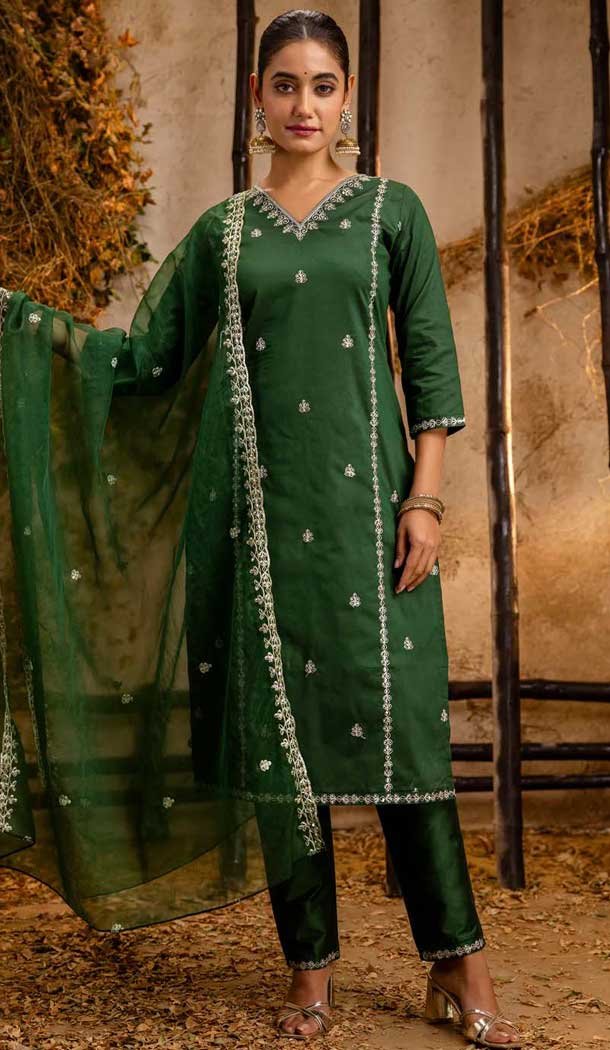 Green Silk Blend Resham Work Festival Wear Readymade Salwar Kameez - 12135205734