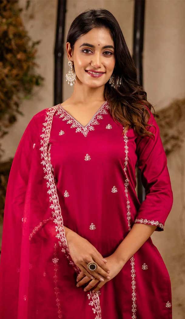 Maroon Silk Blend Resham Work Festival Wear Readymade Salwar Kameez - 12135205735