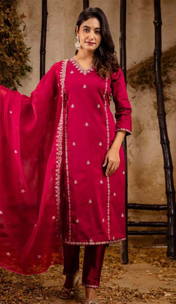 Maroon Silk Blend Resham Work Festival Wear Readymade Salwar Kameez - 12135205735