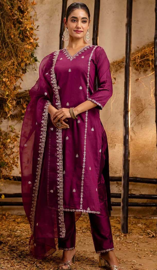 Purple Silk Blend Resham Work Festival Wear Readymade Salwar Kameez - 12135205736