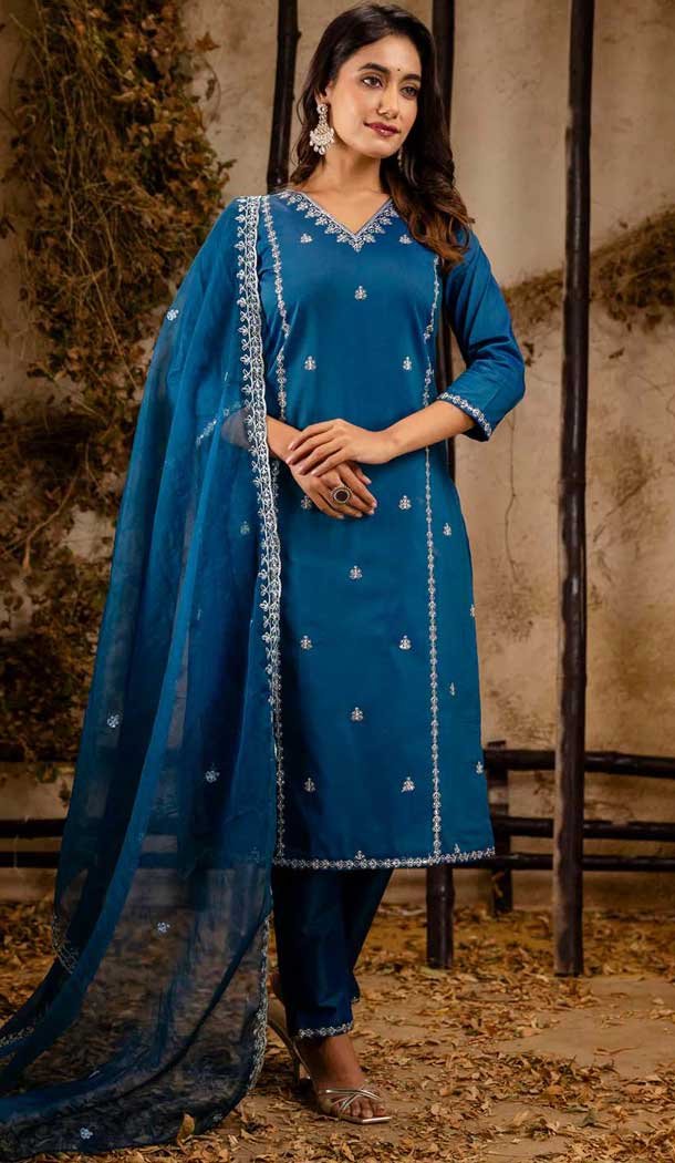 Teal Blue Silk Blend Resham Work Festival Wear Readymade Salwar Kameez - 12135205737