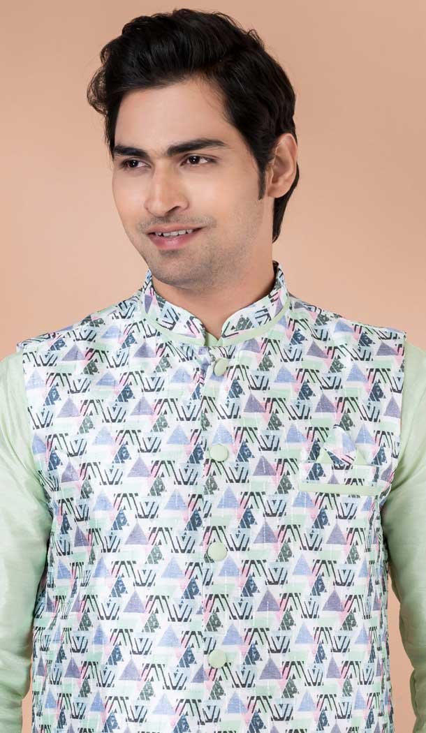Lime Green Banarasi Silk Digital Printed Part Wear Mens Kurta With Jacket - 12144205816
