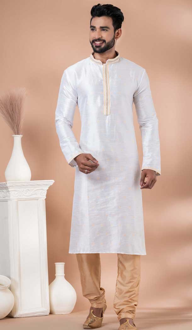 White Jacquard Weaving Work Party Wear Mens Kurta Pajama - 12115205426