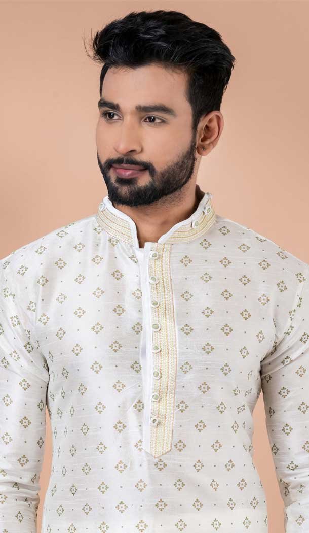 Off White Banarasi Dupion Weaving Work Party Wear Mens Kurta Pajama - 12115205427