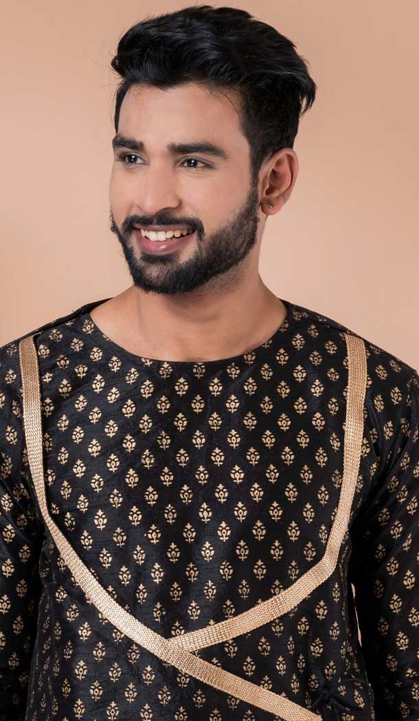 Black Banarasi Dupion Weaving Work Party Wear Mens Kurta Pajama - 12115205433