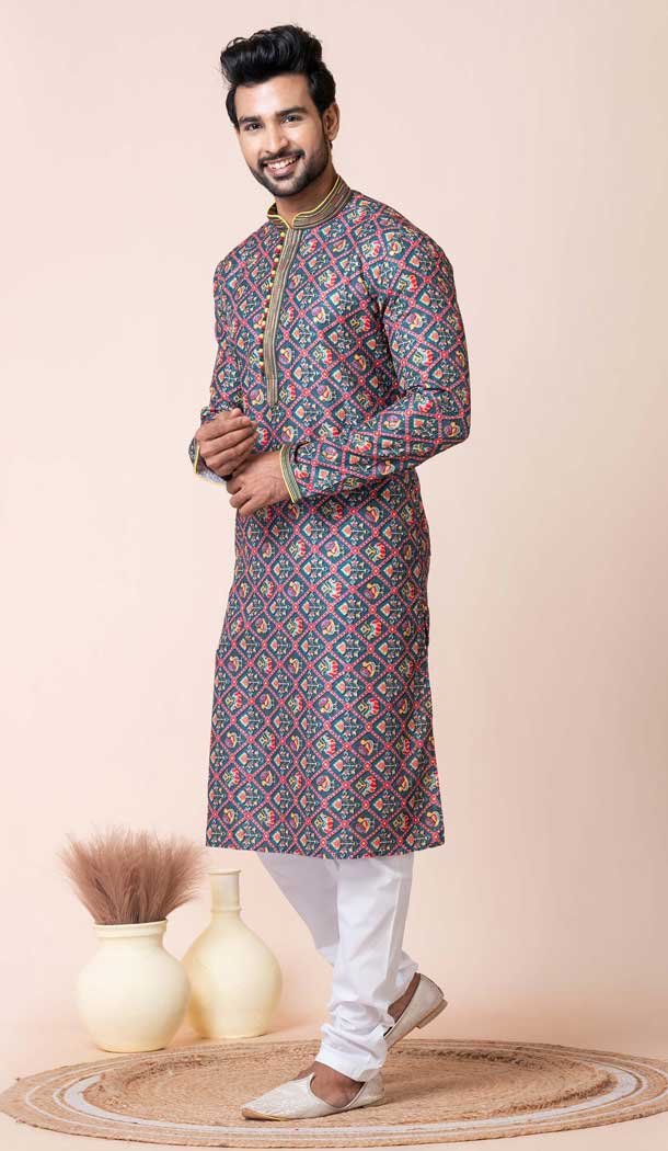 Designer Multi Color Cotton Polyester Printed Festival Wear Mens Kurta Pajama - 12116205446