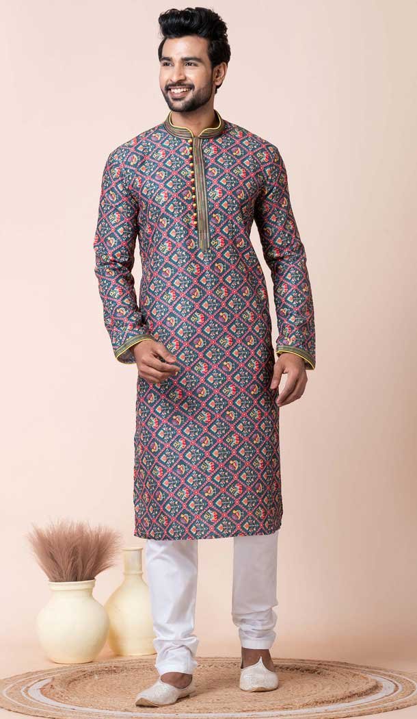Designer Multi Color Cotton Polyester Printed Festival Wear Mens Kurta Pajama - 12116205446