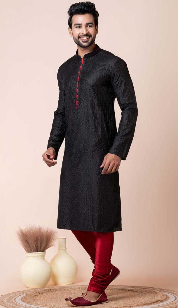 Black Mix Cotton Printed Festival Wear Mens Kurta Pajama - 12116205450