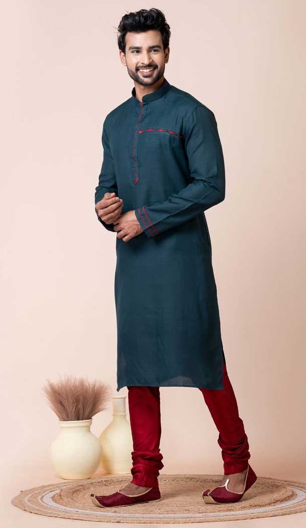 Teal Green Cotton Printed Festival Wear Mens Kurta Pajama - 12116205451