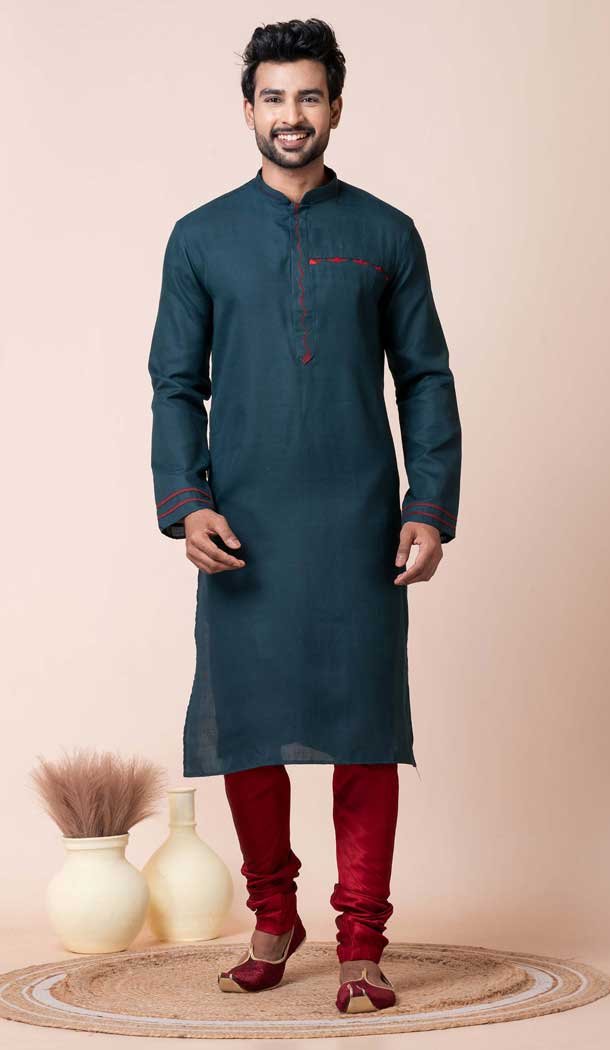 Teal Green Cotton Printed Festival Wear Mens Kurta Pajama - 12116205451