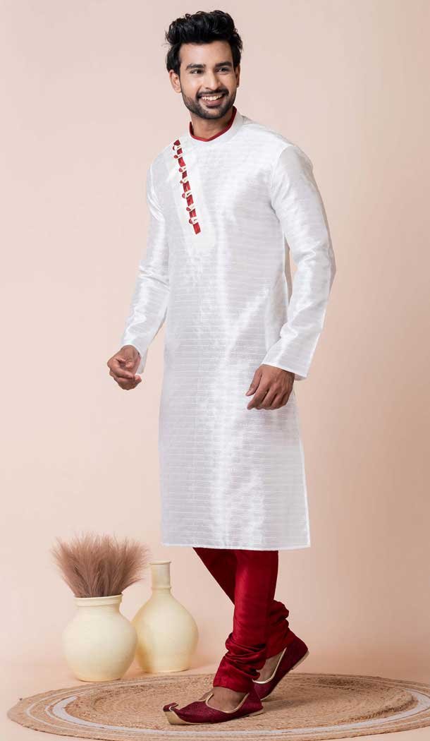 White Printed Silk Festival Wear Mens Kurta Pajama - 12116205453
