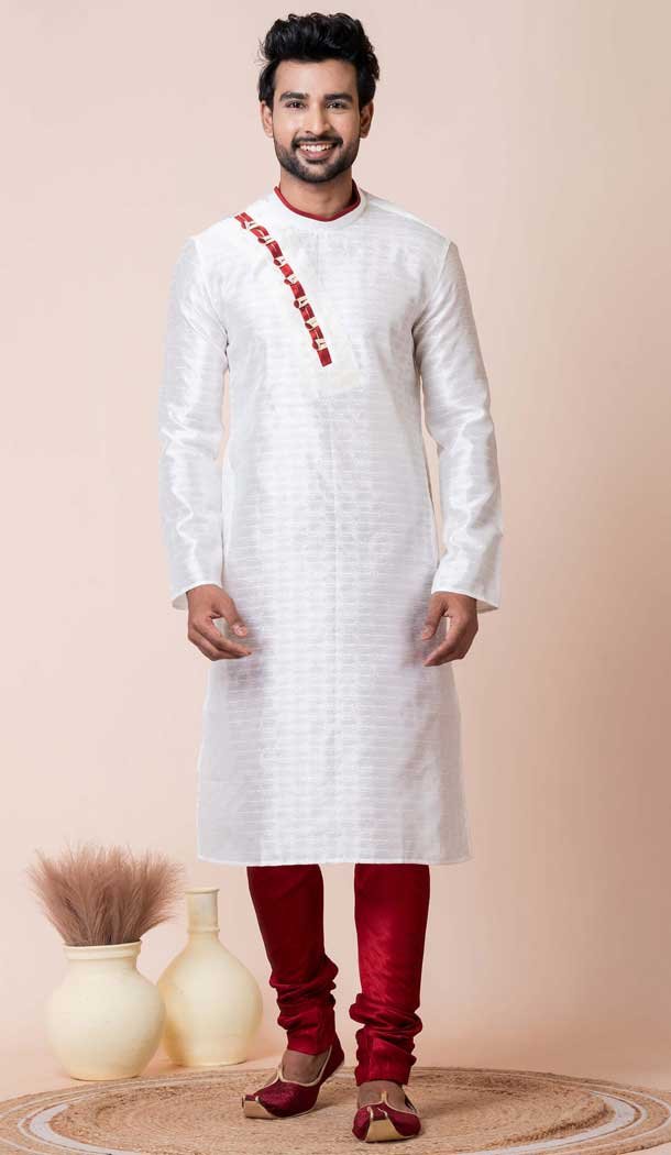 White Printed Silk Festival Wear Mens Kurta Pajama - 12116205453
