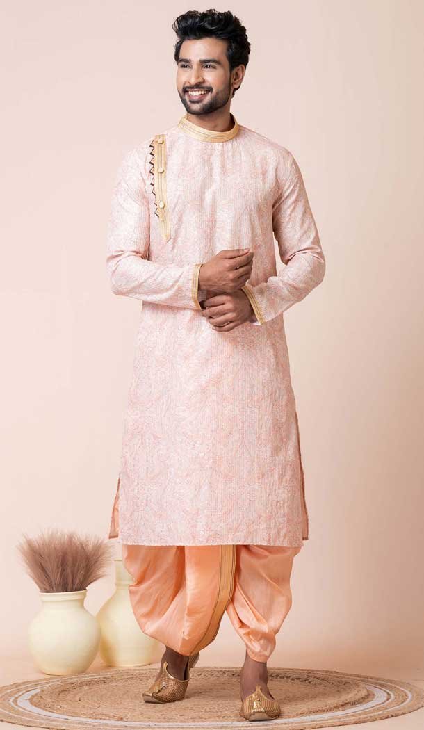 Pink Cotton Polyester Printed Festival Wear Mens Kurta Pajama - 12116205460