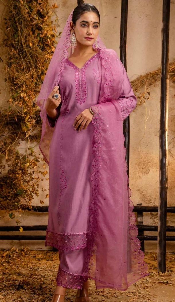 Women Viscose Roman Silk Embroidery Lavender Party Wear Salwar Suit - 12174206192