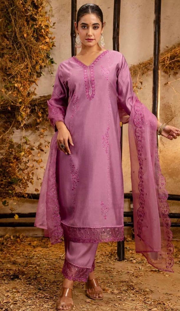 Women Viscose Roman Silk Embroidery Lavender Party Wear Salwar Suit - 12174206192
