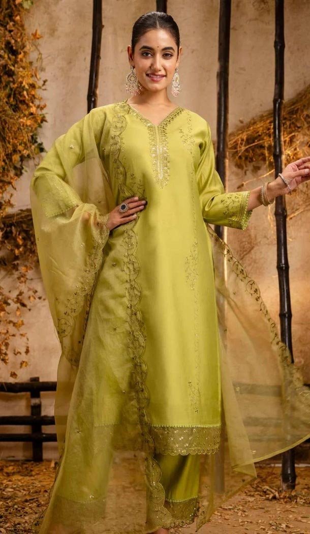 Women Viscose Roman Silk Party Wear Salwar Suit Mehndi Green Embroidery - 12174206193