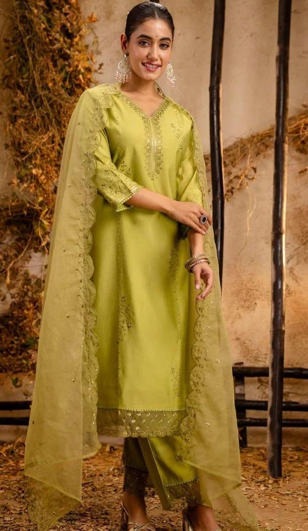 Women Viscose Roman Silk Party Wear Salwar Suit Mehndi Green Embroidery - 12174206193