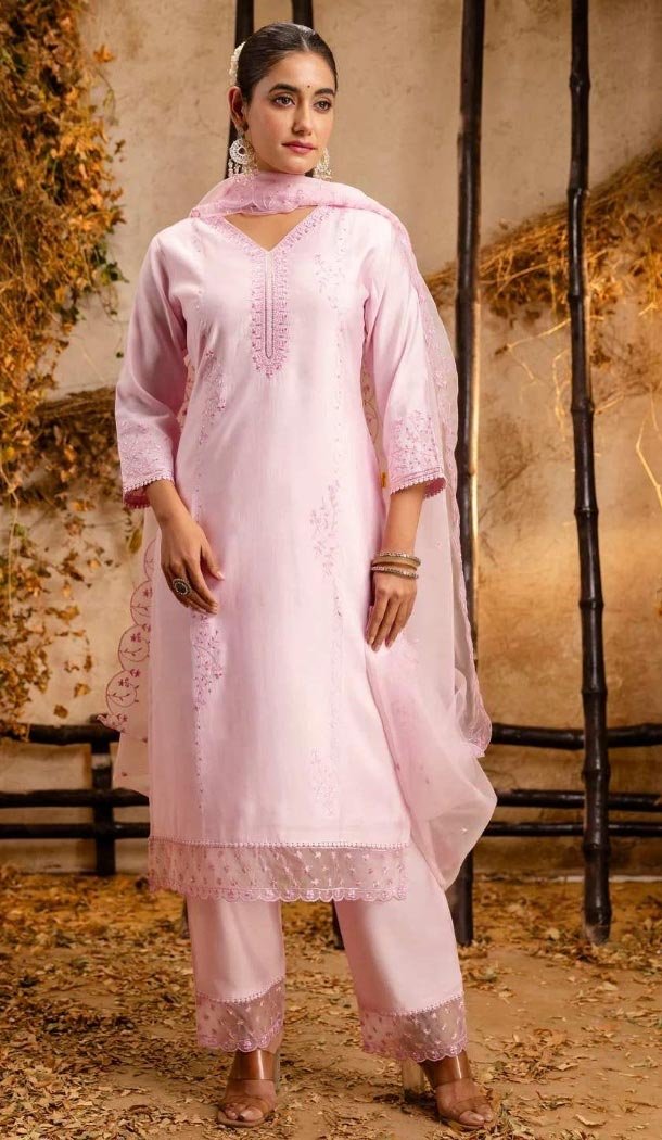 Women Viscose Roman Silk Pink Party Wear Salwar Suit Embroidery - 12174206194