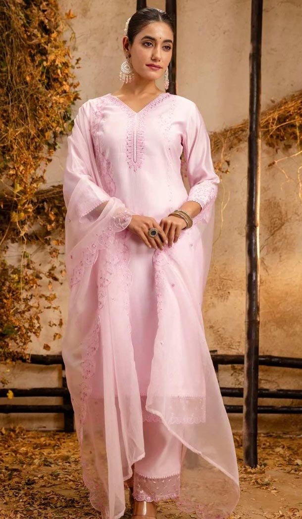 Women Viscose Roman Silk Pink Party Wear Salwar Suit Embroidery - 12174206194
