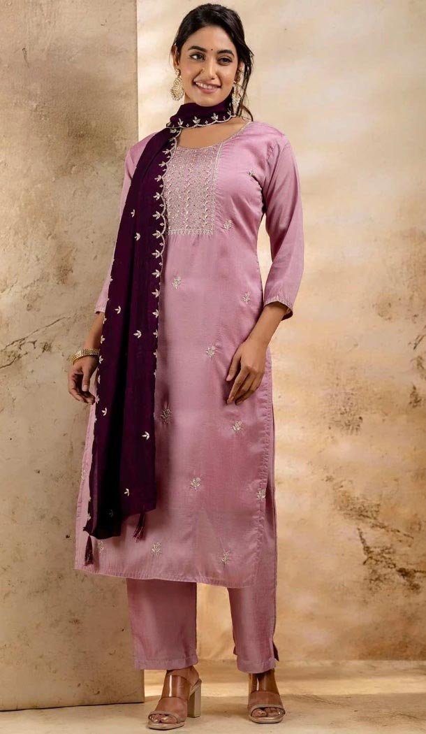 Women Embroidery Party Wear Salwar Suit Silk Blend Lavender - 12174206195