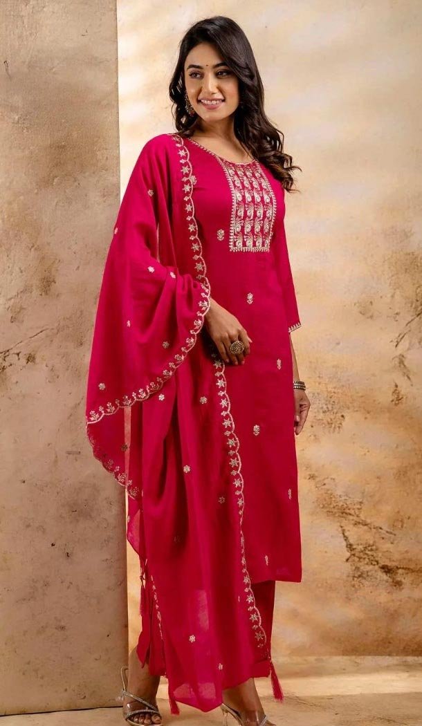 Women Silk Blend Party Wear Salwar Suit Embroidery Rani Pink - 12174206196