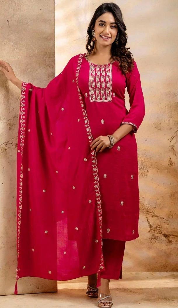 Women Silk Blend Party Wear Salwar Suit Embroidery Rani Pink - 12174206196