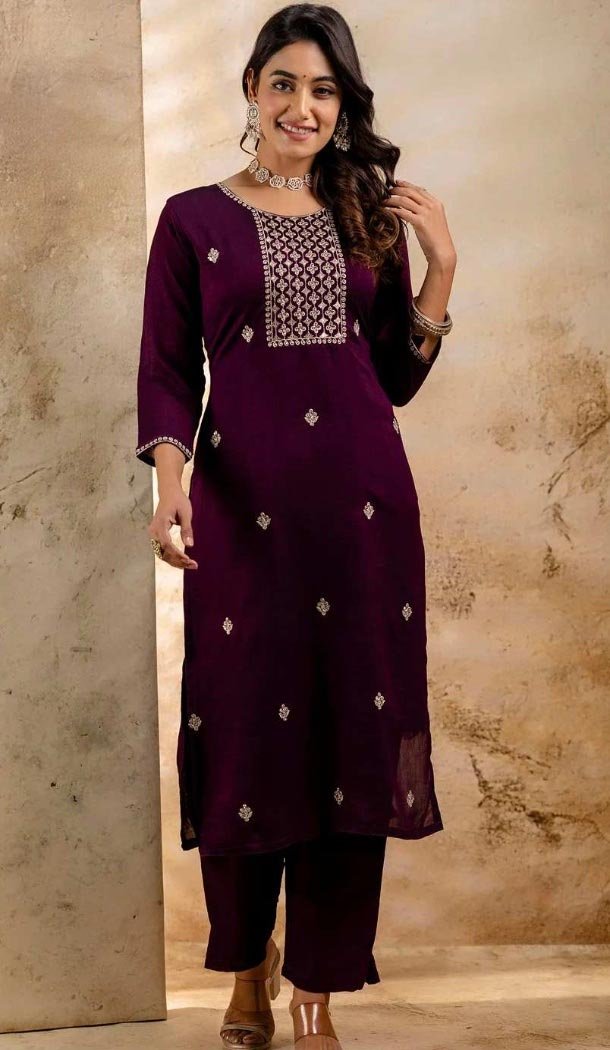 Women Purple Party Wear Salwar Suit Embroidery Silk Blend - 12174206197
