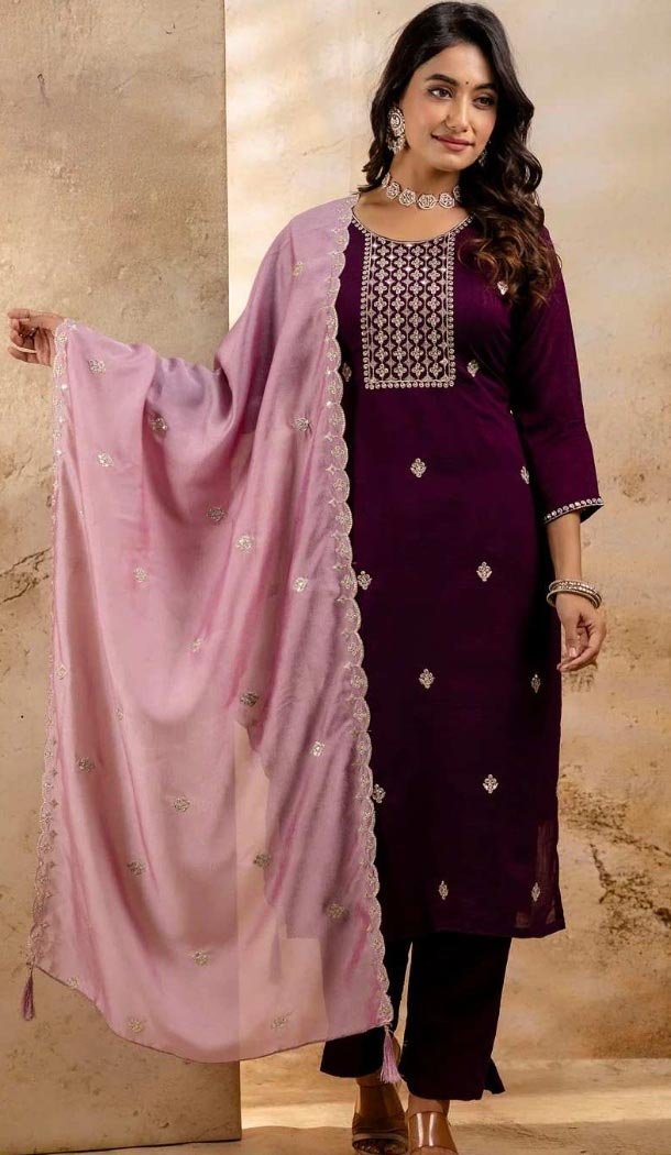 Women Purple Party Wear Salwar Suit Embroidery Silk Blend - 12174206197