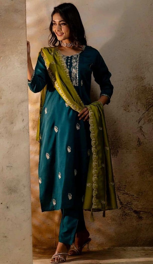Women Party Wear Salwar Suit Rama Blue Embroidery Silk Blend - 12174206198