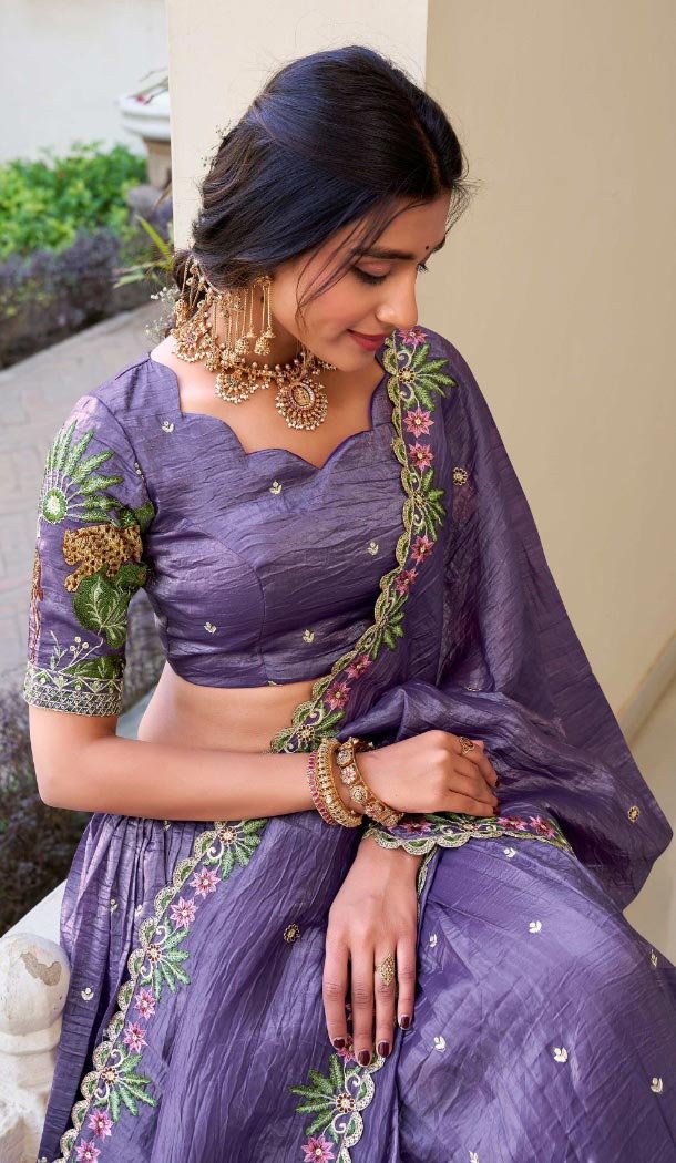 Women Party Lehenga Choli Gold Crush Lavender Embroidery - 12197206414