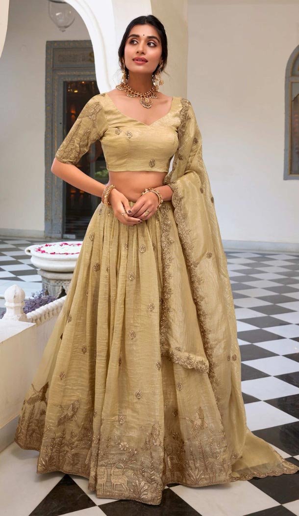 Women Beige Party Lehenga Choli Gold Crush Embroidery - 12197206415