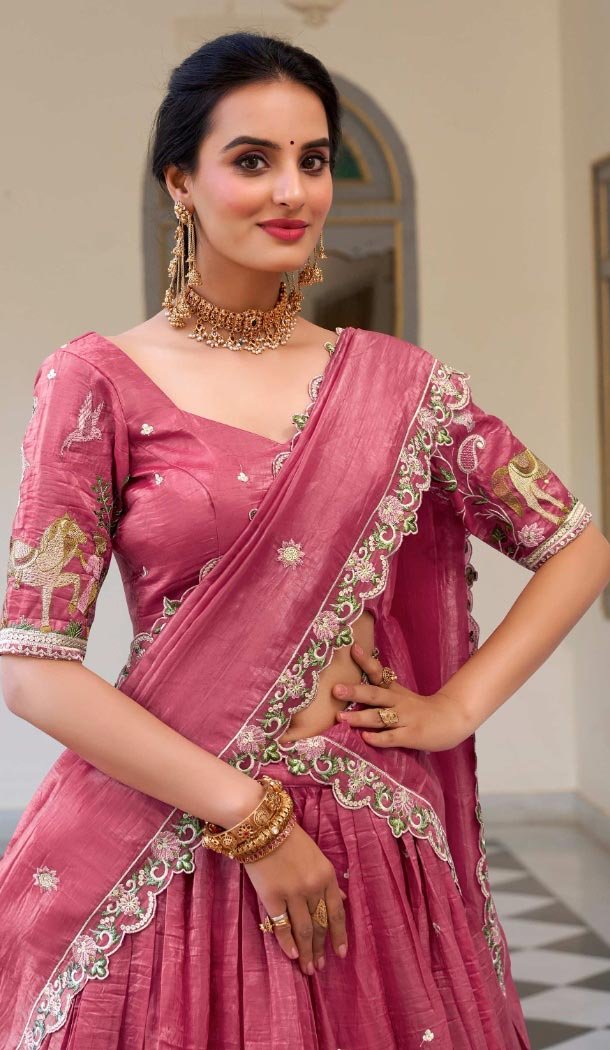 Women Pink Embroidery Gold Crush Party Lehenga Choli - 12197206416