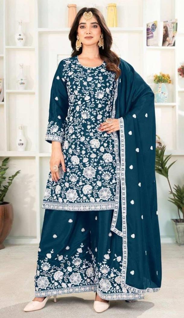 Women Pure Heavy Chinnon Silk Heavy Embroidery Work Palazzo Suit Teal Blue - 12212206494