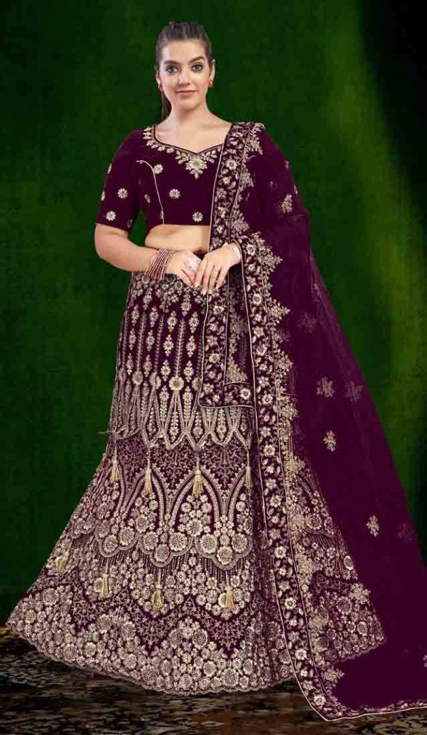 Women Stone Work Purple Wedding Lehenga Embroidery - 12242206639