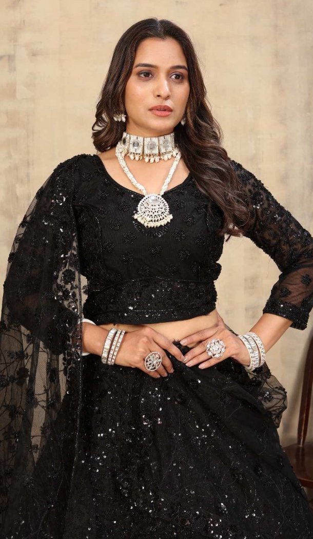 Net Party Lehenga Choli Black Embroidery - 12243206640