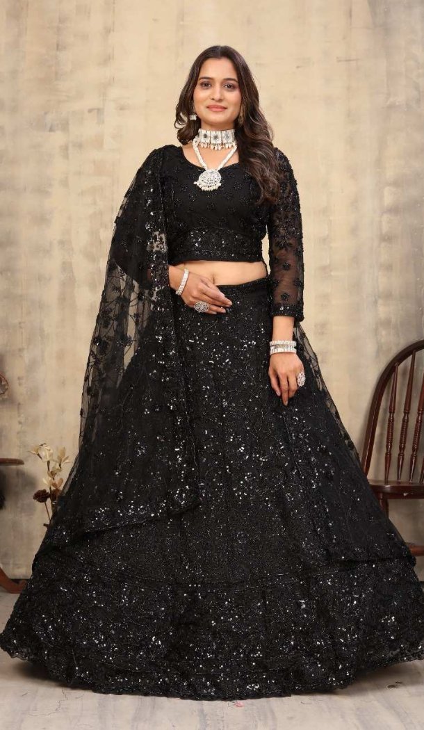 Net Party Lehenga Choli Black Embroidery - 12243206640