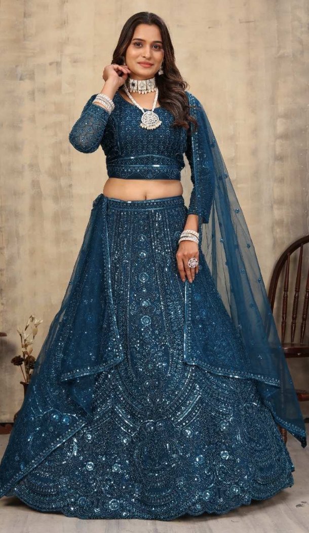 Net Embroidery Teal Blue Party Lehenga Choli - 12243206642