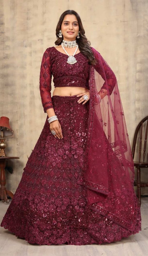 Net Embroidery Maroon Party Lehenga Choli - 12243206643